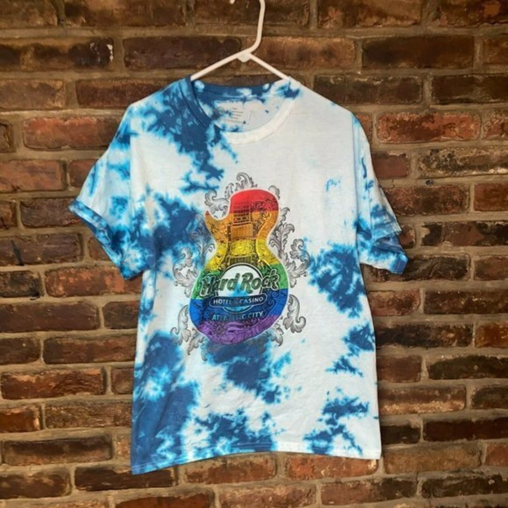 Hard Rock Atlantic City Custom Blue Tie Dye Rainbow Graphic T-Shirt Size Large